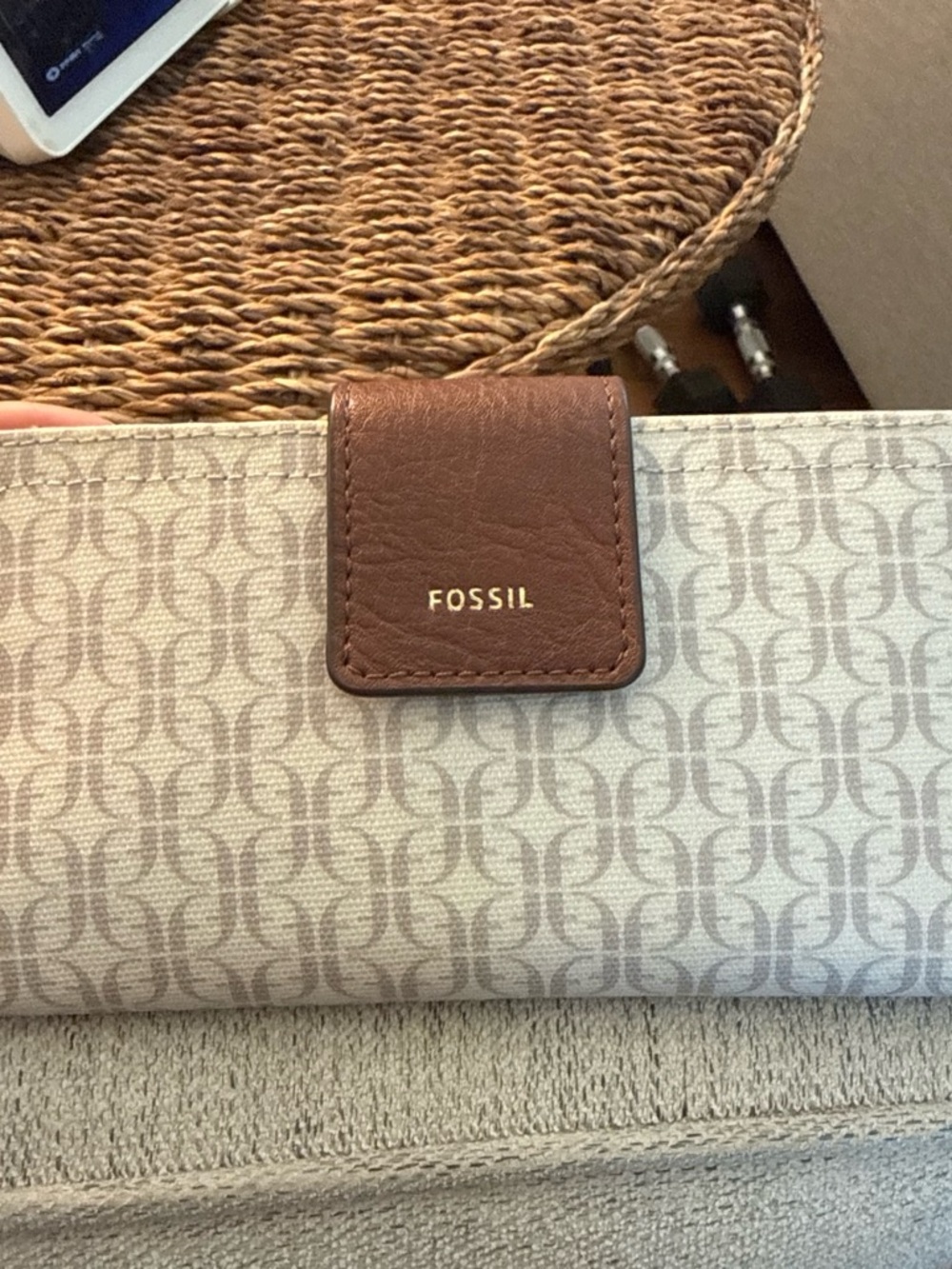 Fossil Madison Slim Monogram Wallet in Beige and Brown